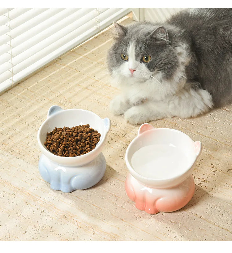 Cat Bowl Ceramic High Foot Diagonal Mouth Neck Protection Cat Food Bowl Large Diameter Drinking Bowl Anti Overturning Cat Food B