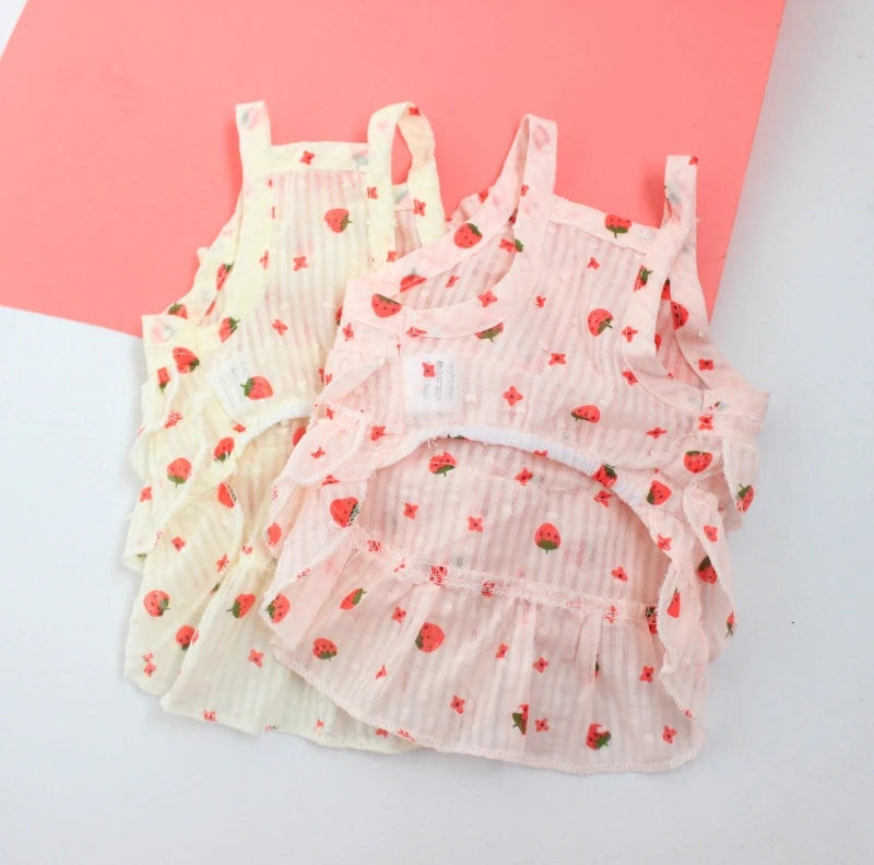 Light Pink Summer Fancy Dresses Strawberry Print Princess Bow Tie Tiered Skirt Vest Overalls Female New Puppy Clothing for Cats