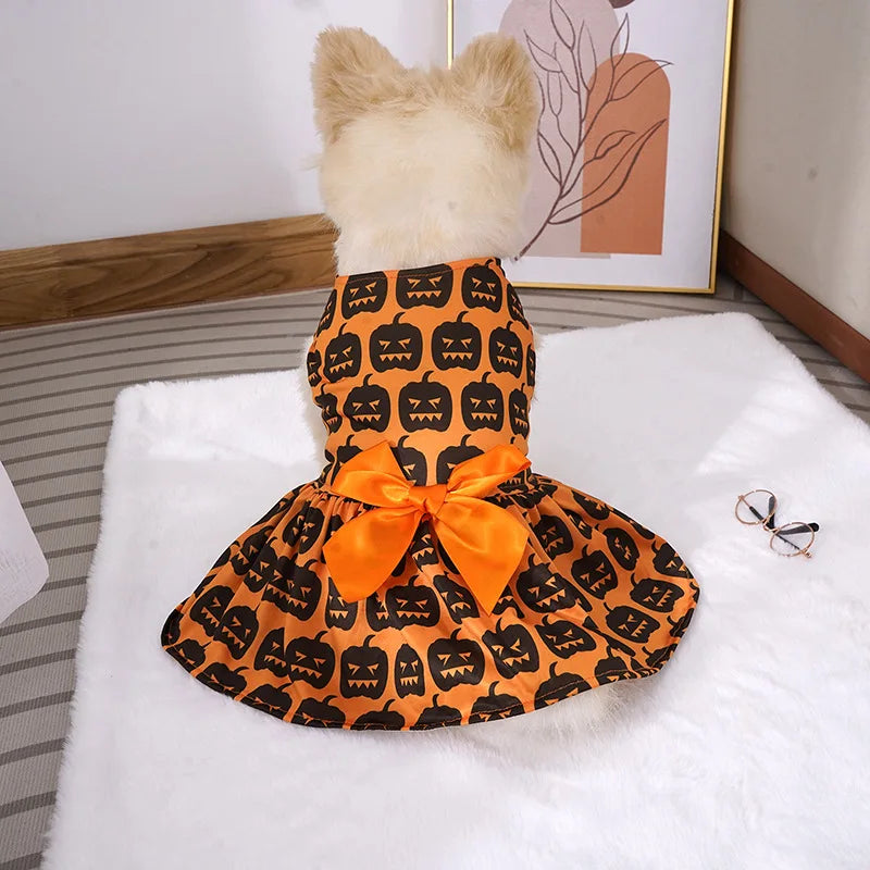 Halloween Dog Costume Funny Dog Clothes Pumpkin Print Pet Dress Chihuahua Bichon Clothing Bow Lace Festival Skirt Cat Dresses