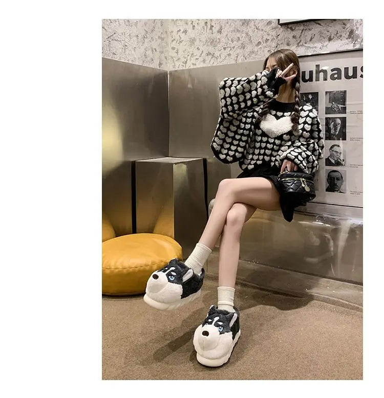 Winter Home Couple Shoes Women's Fluffy Dog Slippers Girl Animal Fur Slides Kawaii Funny Furry Shoes Woman Plush Booties Slipper