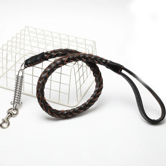 No Pull Leather Dog Leash Durable Cowhide Braided Dog Leash Buffer Spring Design for Training Walking Large and Medium Dogs Pets