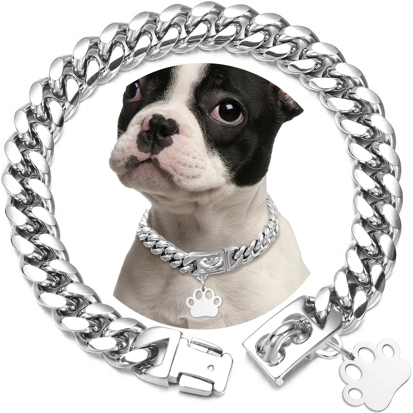 Strong Stainless Steel Dog Collar Choke with Safety Buckle Lock Golden Cuban Link Chain Metal Necklace Training Collar for Pets