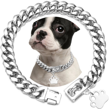 Strong Stainless Steel Dog Collar Choke with Safety Buckle Lock Golden Cuban Link Chain Metal Necklace Training Collar for Pets