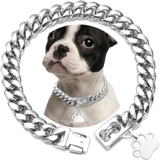 Strong Stainless Steel Dog Collar Choke with Safety Buckle Lock Golden Cuban Link Chain Metal Necklace Training Collar for Pets