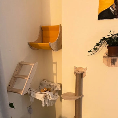 Cat Tree Wall Mounted Cat Climbing Wooden Shelves Cat Hammock and Scratching Post Cat Wall Indoor Furniture for Perch and Rest
