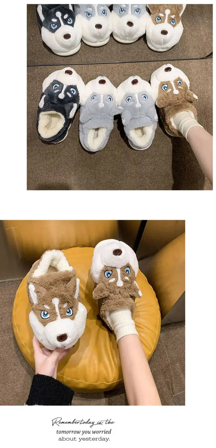 Winter Home Couple Shoes Women's Fluffy Dog Slippers Girl Animal Fur Slides Kawaii Funny Furry Shoes Woman Plush Booties Slipper