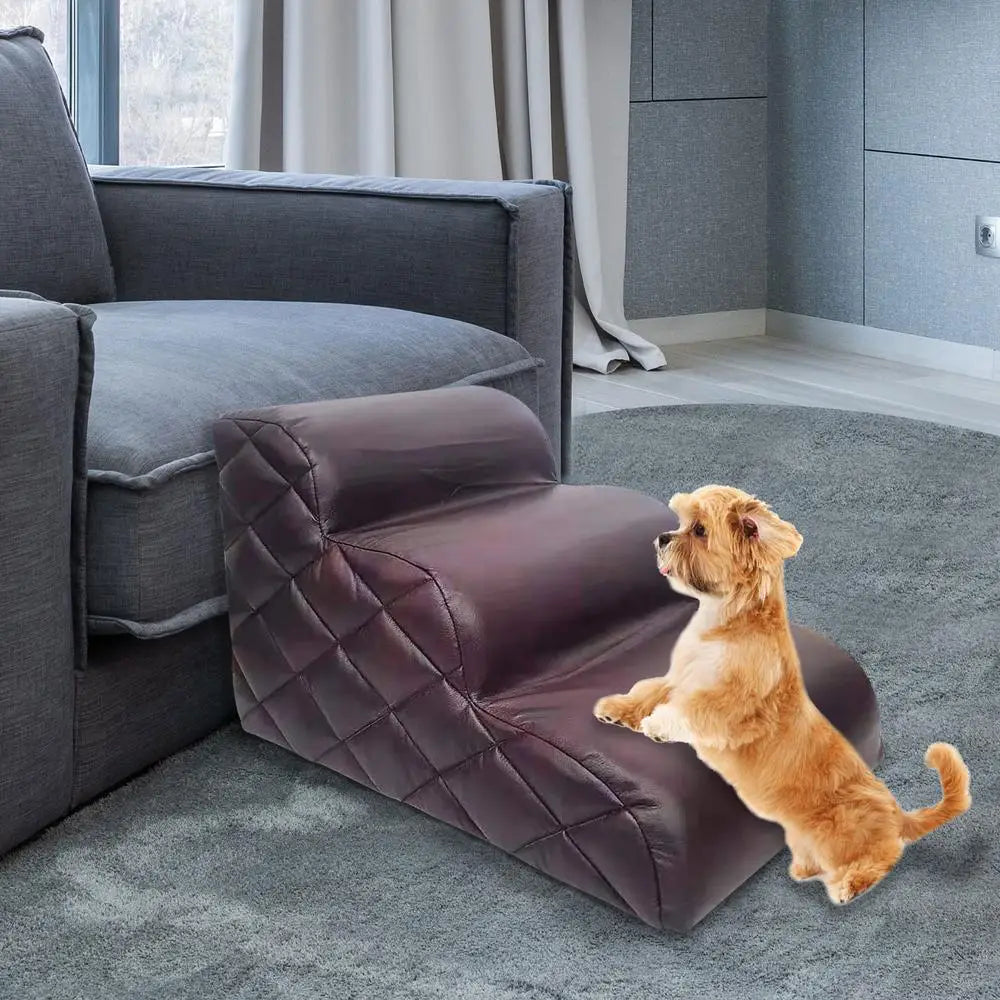 Pet Steps Dog Stairs Puppy Ladders Dog Furniture Non-Slip 3 Steps Dog Stairs Soft Leather Cover Bed Stairs Pet Cats Bed Steps
