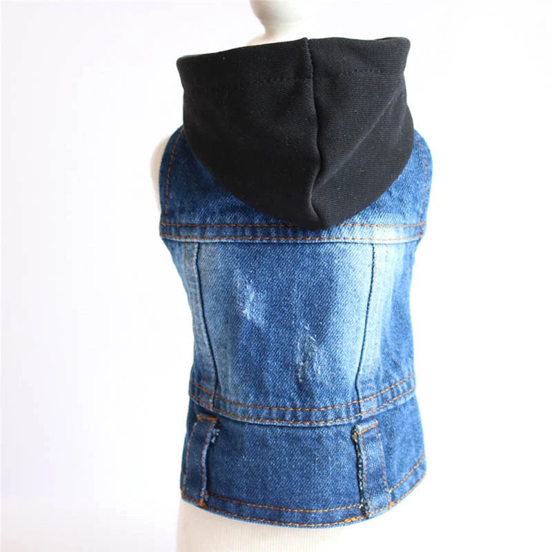 Sleeveless Denim Dog Jacket - Dark Wash, Puppy Hooded Jeans Coat Spring Summer Dog Clothes for Small Medium Dogs Bulldog Yorkie