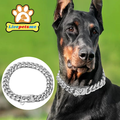 Strong Stainless Steel Dog Collar Choke with Safety Buckle Lock Golden Cuban Link Chain Metal Necklace Training Collar for Pets