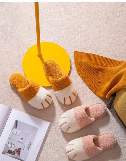 Winter Plush Slippers For Women Warm Cute Cat Paw Designer House Fur Slippers Indoor Bedroom Lovers Indoor Fluffy Shoes