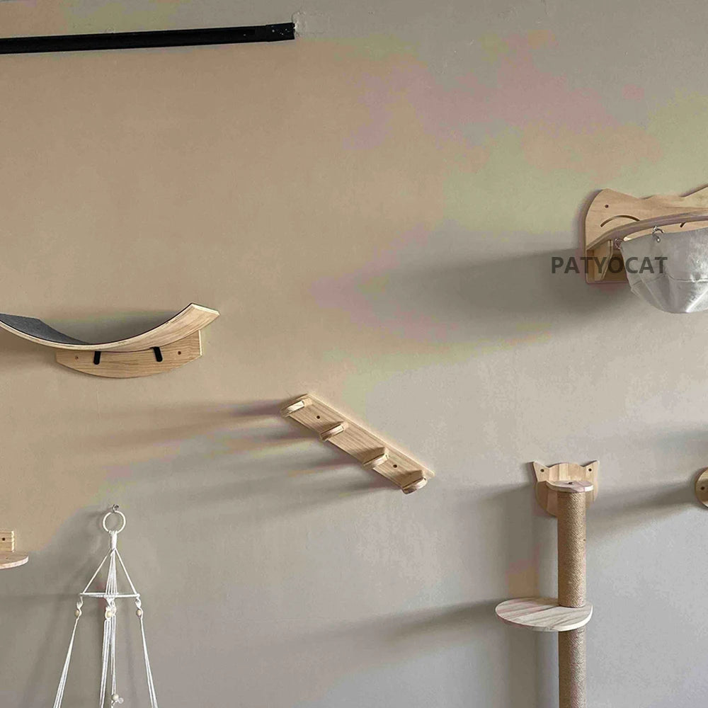 Cat Tree Wall Mounted Cat Climbing Wooden Shelves Cat Hammock and Scratching Post Cat Wall Indoor Furniture for Perch and Rest