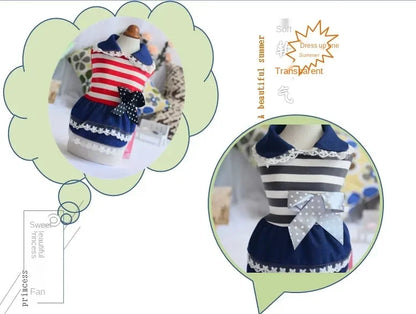 Puppy Dog Pet Stripe Costume Princess Dress Lace Pleated Lapel Stripe Bownot Princess Dress Denim Skirt XS-L Pet Supplies
