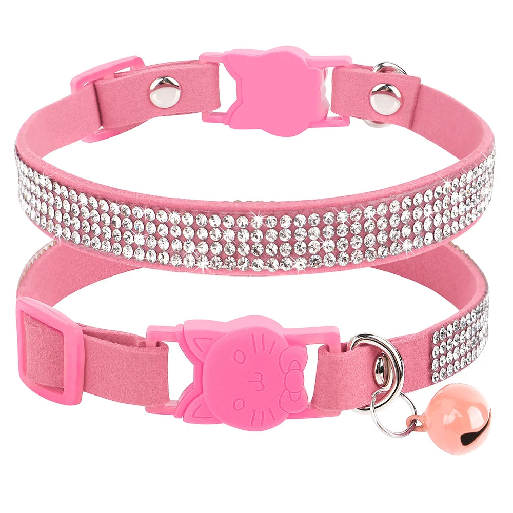 Suede Leather Cat Collar Bling Rhinestone Cats Collars with Bell Safety Breakaway Pet Puppy Necklace Adjustable XS S Pink Soft