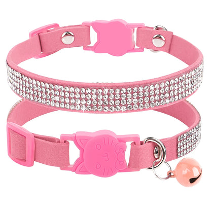 Suede Leather Cat Collar Bling Rhinestone Cats Collars with Bell Safety Breakaway Pet Puppy Necklace Adjustable XS S Pink Soft