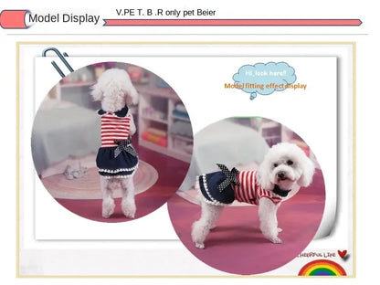 Puppy Dog Pet Stripe Costume Princess Dress Lace Pleated Lapel Stripe Bownot Princess Dress Denim Skirt XS-L Pet Supplies