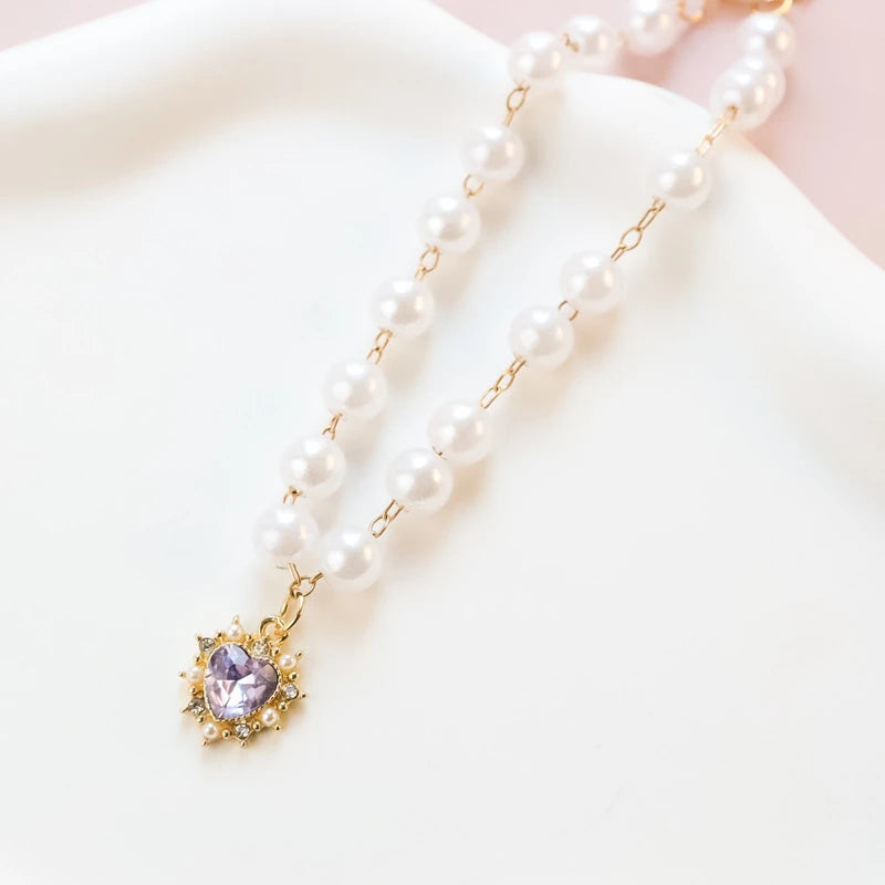 Pearl Chain Accessories for Cats Zircon Heart Pet Products Small Medium Puppy Neck Wear Wedding Birthday Gift Pet Dog Collar