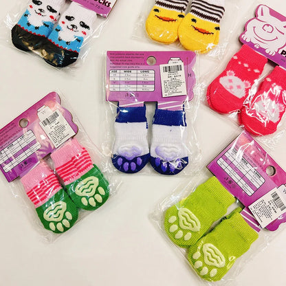 Outdoor Cartoon Shoes for Small Dogs 4pcs/Set Winter Cotton Knit Socks French Bulldog Foot Protector Anti-Slip Pet Accessories