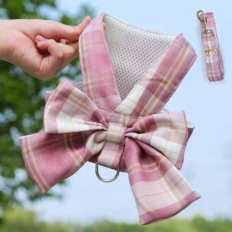 Pet Jk Plaid Dress Dog Harness and Leash Set Bow Skirt Kitten Puppy Vest Luxury Dog Clothes Chihuahua Dog Outfits Bichon Items