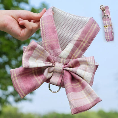 Pet Jk Plaid Dress Dog Harness and Leash Set Bow Skirt Kitten Puppy Vest Luxury Dog Clothes Chihuahua Dog Outfits Bichon Items