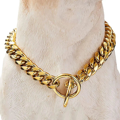 Gold Chain Dog Collar 10mm Fashion Dog Cuban Link Pet Gold Necklace Metal Puppy Jewelry Bulldog P Chain Pet Training Slip Collar