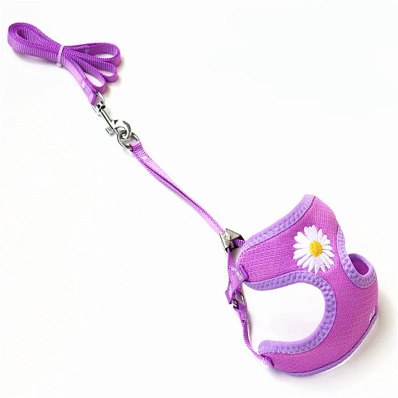 Nylon Dog Harness and Leash Set for Small Medium Dogs, Adjustable Daisy Embroidery Puppy Mesh Vest Harness Pet Accessories