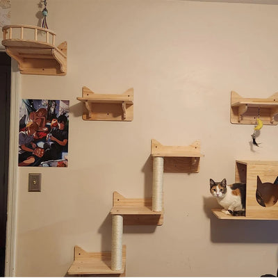 Wall Mounted Cat Climbing Shelves Cat House Cat Bridge Cat Hammock with Scratching Post and Pedals or Stairway for Kittens