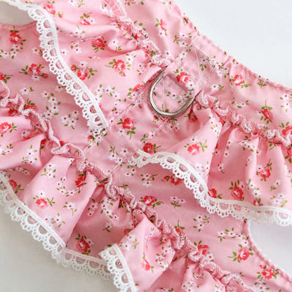 Pink Flower Puppy Harness Mesh Breathable Small Girl Dog Cat Vest Harness Cute Doggy Lace Dress Harness with Leash for Walking