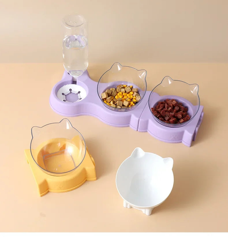 Pet Cat Food Bowl Automatic Feeder All-in-One Splice Dog Cat Food Bowl and Drinking Fountain Drinking Raised Standing Dish Bowl
