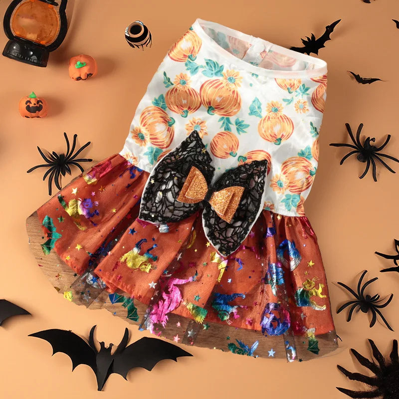 Halloween Dog Dress Pumpkin Pattern Bowknot Funny Skirt Chihuahua Bichon Dog Dresses Festival Puppy Costume Pet Cat Dog Clothes
