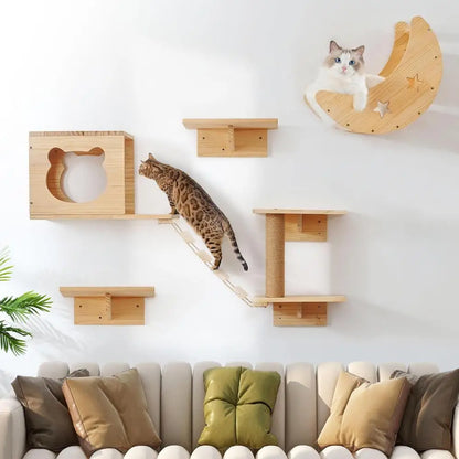 Wall Mounted Cat Wooden Climbing Shelves Cat House and Jumping Platform with Pedals or Stairway for Kitten Perch and Rest