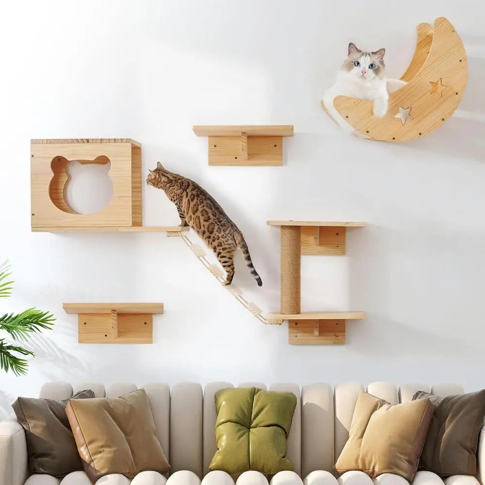 Wall Mounted Cat Wooden Climbing Shelves Cat House and Jumping Platform with Pedals or Stairway for Kitten Perch and Rest