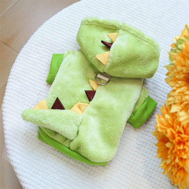 Autumn Winter Pet Dog Costumes Green Dinosaur Christmas Fleece Overalls Sweatshirts for Small Puppy Funny New Year Cat Clothing
