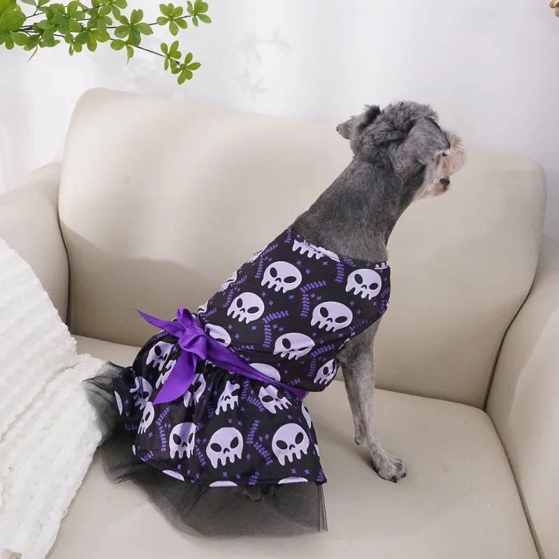 Halloween Dog Costume Funny Dog Clothes Pumpkin Print Pet Dress Chihuahua Bichon Clothing Bow Lace Festival Skirt Cat Dresses