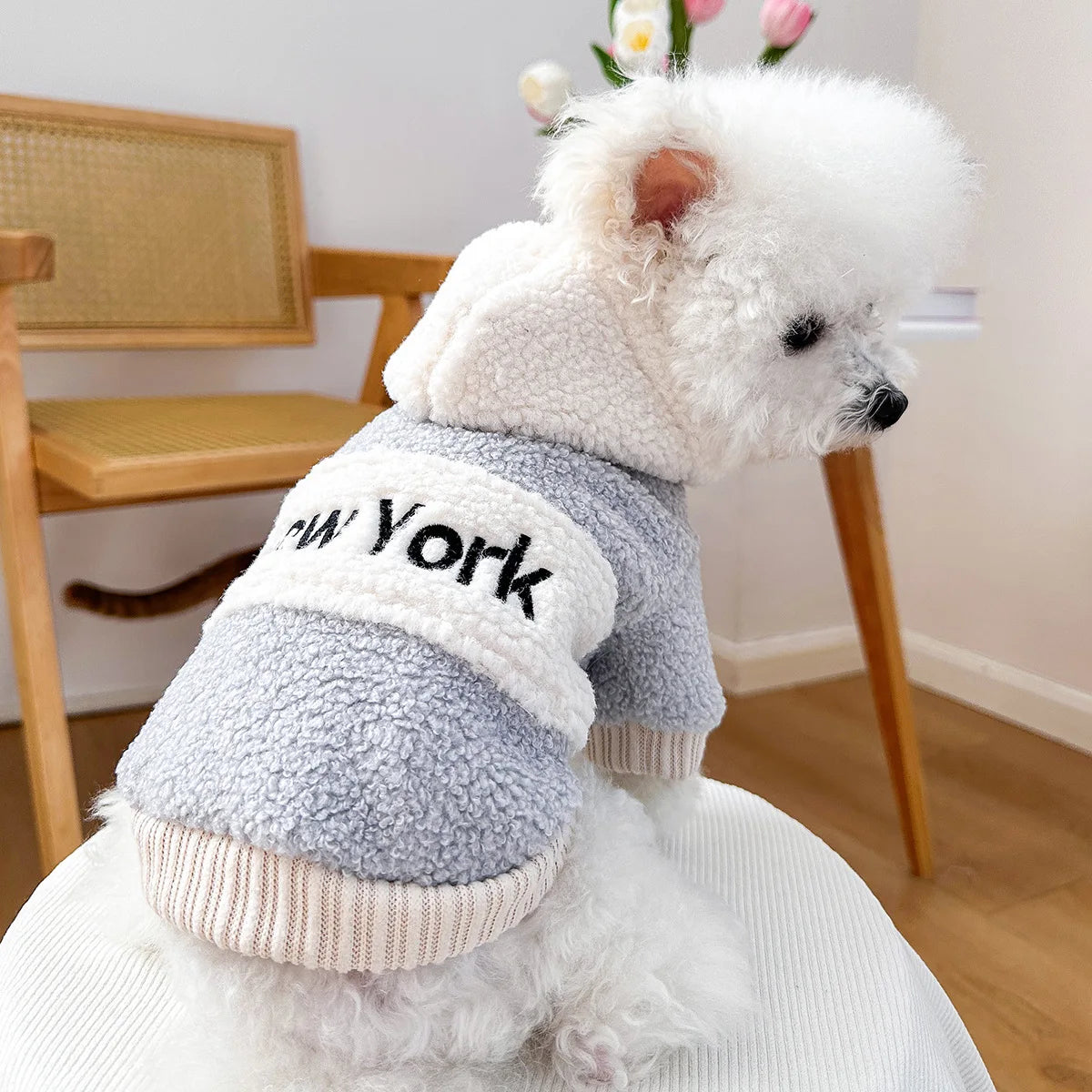 Fashion Patchwork Dog Hoodies "New York" Thick Warm Fleece Dog Hooded Coat Winter Dog Clothes for Small Medium Dogs Pet Apparel