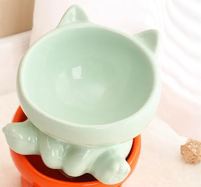 Cat Bowl Ceramic High Foot Diagonal Mouth Neck Protection Cat Food Bowl Large Diameter Drinking Bowl Anti Overturning Cat Food B