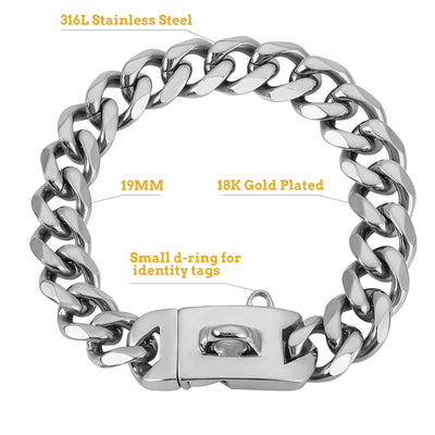 19MM Gold Dog Chain Collar with Solid Buckle Stainless Steel Chew Proof Pet Chains Collars for Large Dog