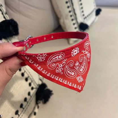 Small Dog Cat Bandana Collar Adjustable Puppy Dog Kitten Neckerchief PU Collar with Printed Triangular Scarf Pet Collar for Cat