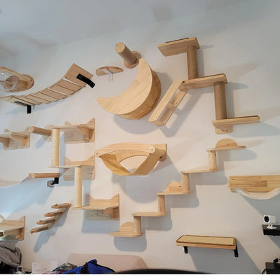 Cat Wall Climbing Shelves Wall Mounted Hammock Cat Scratching Post Wooden Stairway Shelves with Sisal Rope Ladder Wall Cat Tree