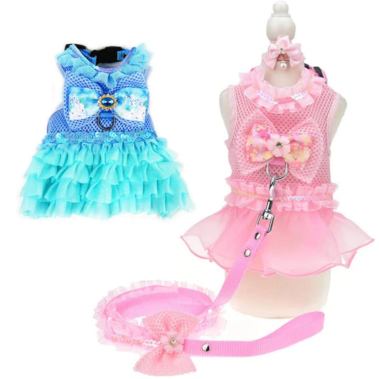 Dog Bow Dress Harness Leash Set for Small Medium Dogs Breathable Mesh Pet Tulle Skirt with Sequins Luxury Design Dog Clothes