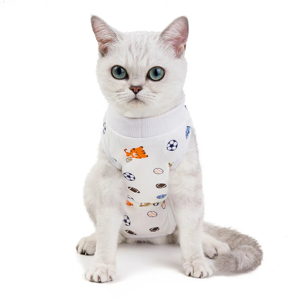Cat Sleeveless Shirt Cat Recovery Suit Breathable E-Collar Alternative Vest for Cat Small Puppy Cute Printed Cotton Pet Clothes