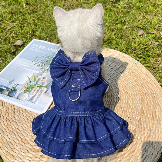 Pet Denim Clothes For Cat Dog Spring Summer Cat Dress Harness Kitten Jeans Shirt Cat Bowtie Skirt Dress Vest Harness with D-Ring