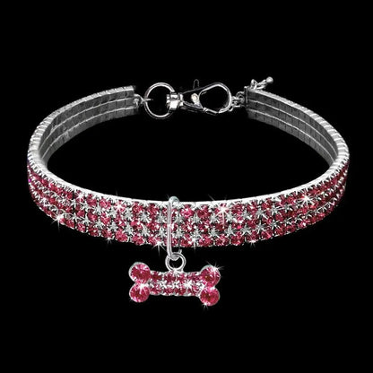 Bling Rhinestones Pet Collar, Adjustable Crystal Diamond Bone Pendant Wedding Collar Cat Dog Small Pet Elastic Necklace Jewelry