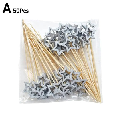 50Pcs Hollow Star Bamboo Skewers Disposable Insert Cocktail Fruit Toothpick Stick Christmas Picks Party Buffet Decor X1J5