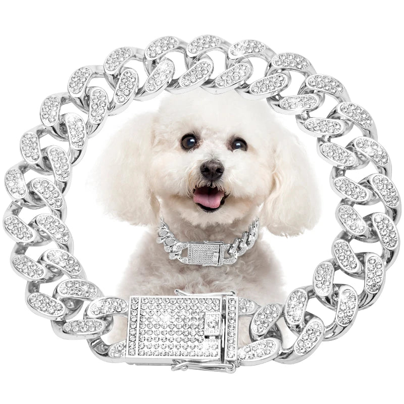 Dog Chain Diamond Cuban Collar,with Design Secure Buckle,Walking Metal Chain Collar,Pet Cat Cuban Collar Jewelry Accessories