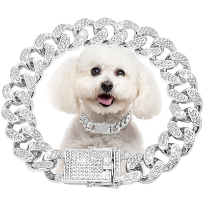 Dog Chain Diamond Cuban Collar,with Design Secure Buckle,Walking Metal Chain Collar,Pet Cat Cuban Collar Jewelry Accessories