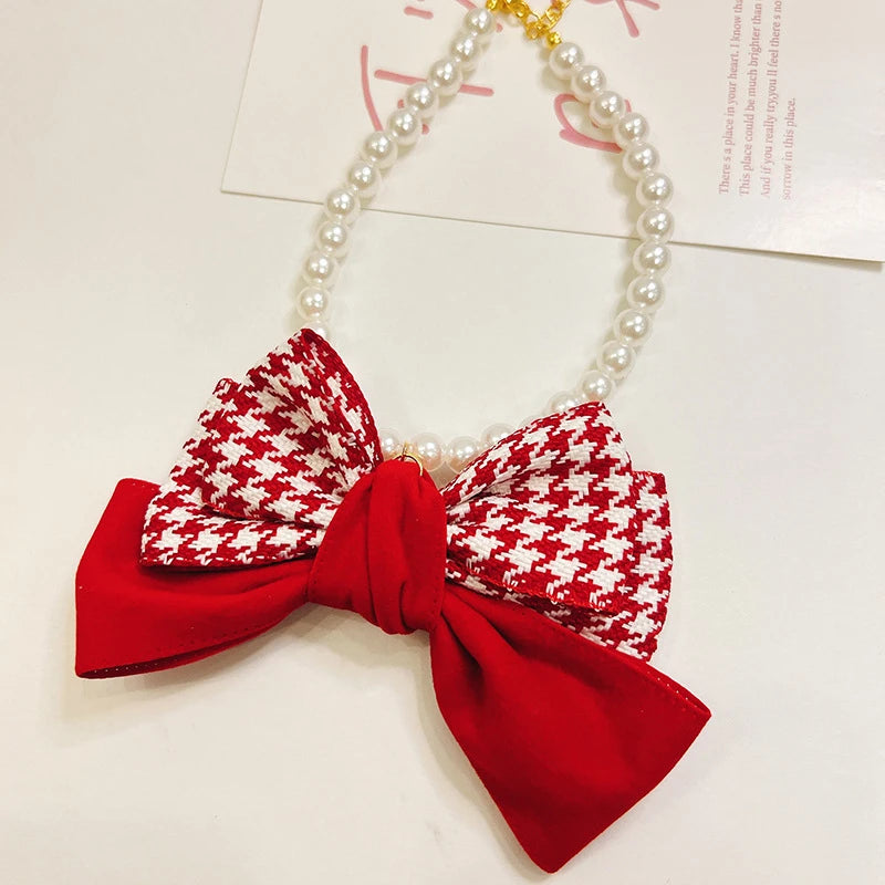Pearl Chain Pet Dog Necklace Christmas Red Bow Tie Neck Accessories for Small Medium Puppy Romantic Lace Adjust Cat Accessories