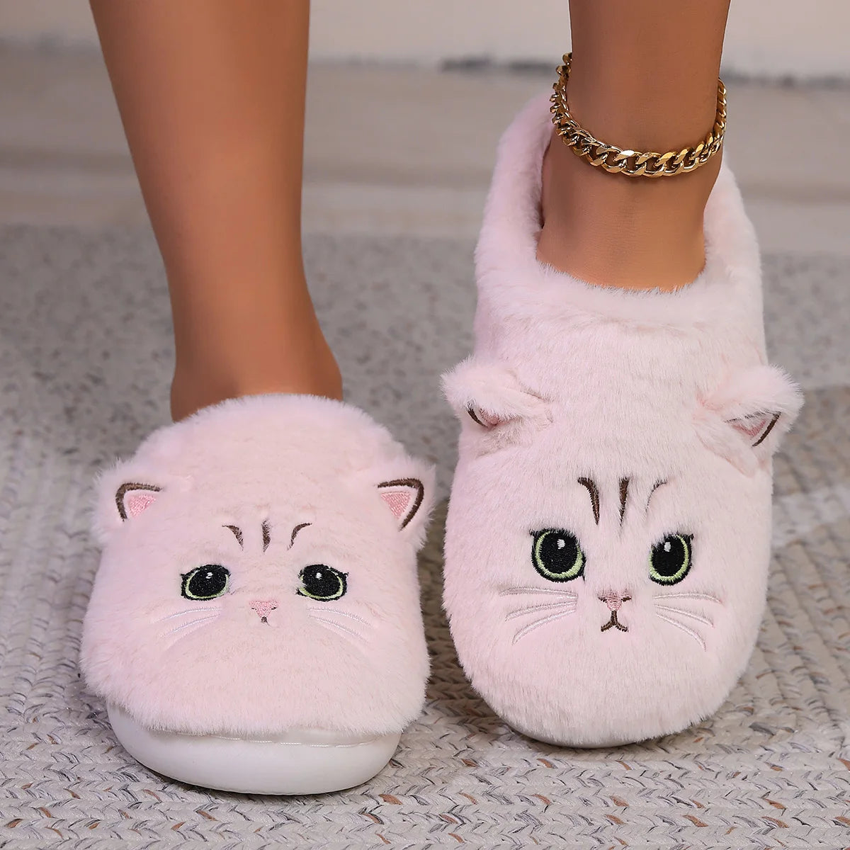 Kawaii Cartoon Cat Fuzzy Slippers - Ultra Soft Fabric Inner, Plush Flat Sole, Cozy Warmth, TPR Durable Outsole, Fabric Upper - P