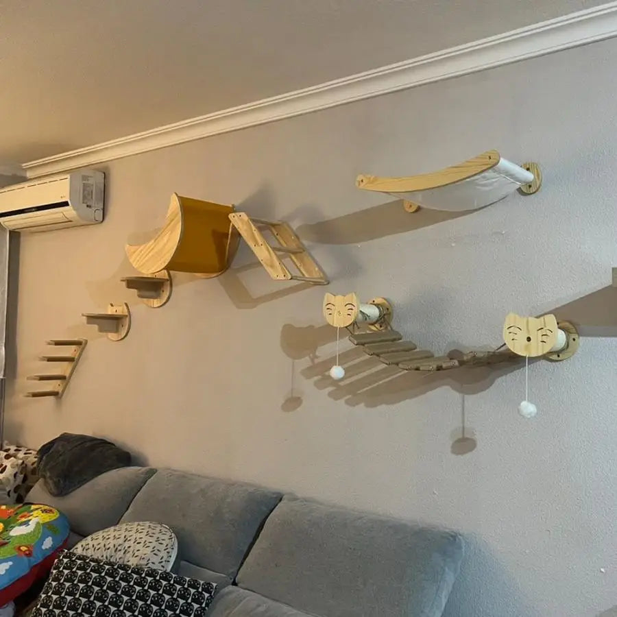 Wall Mounted Cat Climbing Wooden Shelves Cat Hanging Bed or Hammock with Sisal Ladder and Scratching Post for Kitten Playing
