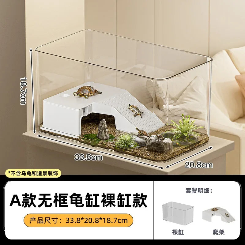 Large Transparent Turtle Tank with Basking Platform High Definition PET+ABS Plastic Anti Drop Aquarium Fish Tank Reptiles Box