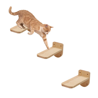 4 Pieces Wooden Wall Mounted Cat Bowl with Small Cat Jumping Pedal for Kitten Climbing and Eating Indoor Pet Furniture